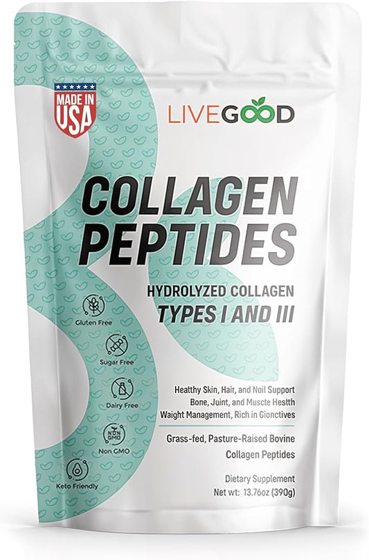 LIVEGOOD Collagen Peptides Powder, Hydrolyzed Type I and III Collagen for Hair Skin Nails and Joints, Unflavored Grass-Fed Collagen Supplement for Mobility and Recovery (30 Servings)