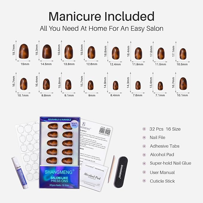 SHANGMENG Tortoise Shell Press on Nails Short - Soft Gel Oval Press on Nails for Women, Seamless Fit & Glossy Glue on Nails 16 Sizes - 32 Reusable Fake Nails Kit with Glue, Amber Memory