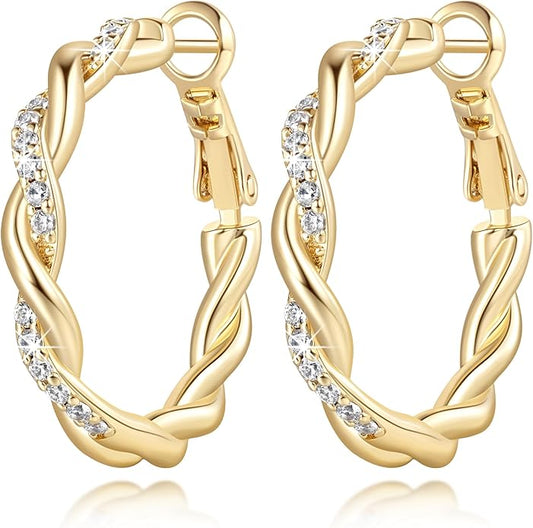 ENROSE Gold Plated Hoop Earrings 14K Gold Plated Earring for Women Twisted Large Hoop Earrings Minimalist Diamond Earring Jewelry 29mm*4mm