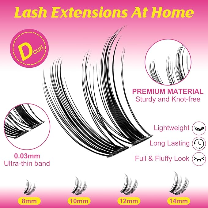 WiWiLINK Wispy Lash Clusters D Curl DIY Lash Extension Kit Natural Eyelash Clusters 8-14mm with Bond, Seal, and Remover - Invisible Band Lashes Clusters, Spike False Eyelashes, Freya Short-Kit