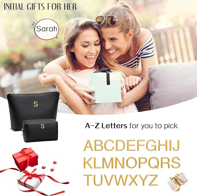 Valentine's Day Gifts for Women Girlfriend Initial Makeup Bag for Teen Girls Personalized Gifts for Friend Teacher Mom Wife Cosmetic Travel Toiletry Bag(Black,K)