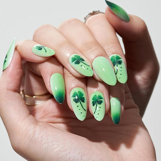 GLAMERMAID Press on Nails Medium Almond, Spring Summer Green Four-Leaf Clover Gel Glue on Nail, 24Pcs Glossy Short Stiletto Reusable UV Finish Fake Nails Acrylic False Nails Manicure Kits for Women
