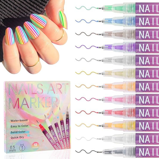 EBANKU 12 Colors 3D Nail Art Pens, Fine Tips 0.5 MM Nail Polish Pens Quick-Drying Acrylic Nail Paint Point Dotting Liner Pen Tools for Home & Salon Manicure DIY
