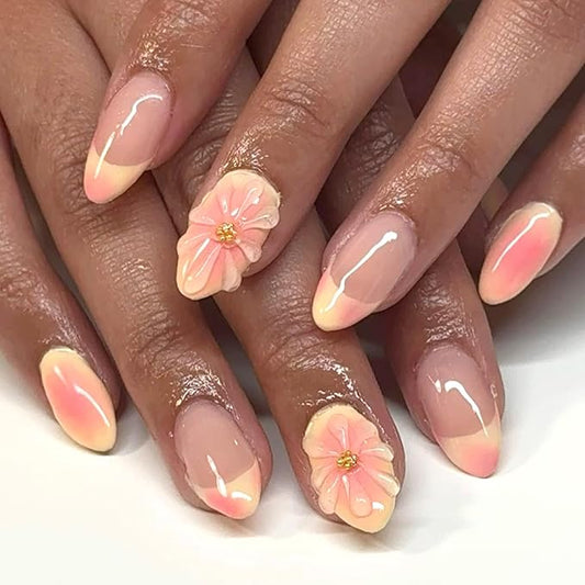 24Pcs French Tip Press on Nails with 3D Flower Fake Nails French Yellow, Sweet and Cool Manicure Press on Cute Stick on Nails Short Gradient Glossy Acrylic Nails Kit for Women Daily Wear