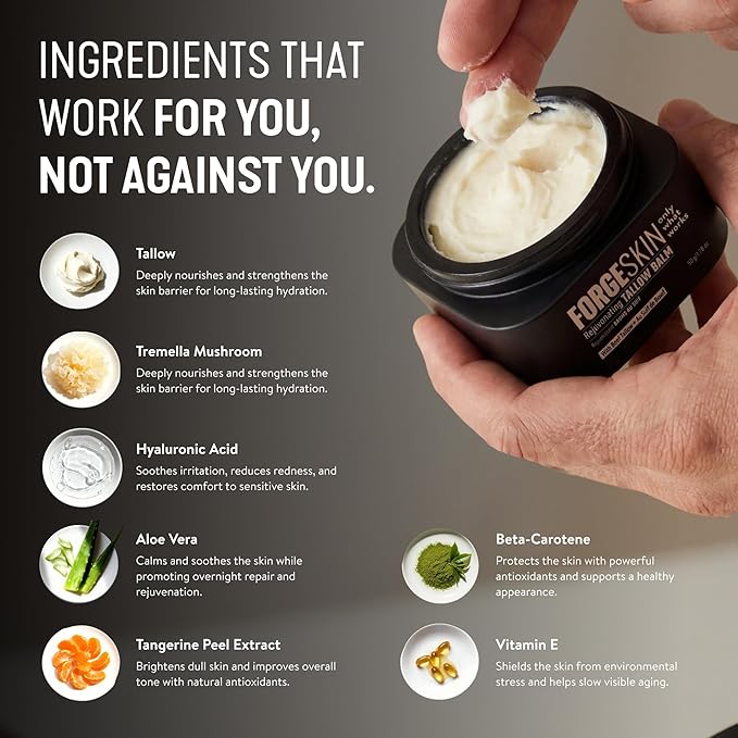 FORGE SKIN® Wrinkle Defense Beef Tallow Balm for Men [TALLOW-BASED] Moisturizer for Face Hydration - Hydrating Anti Aging Skin Cream - Natural Facial Skincare Lotion with Essential Oils (1.7 OZ)