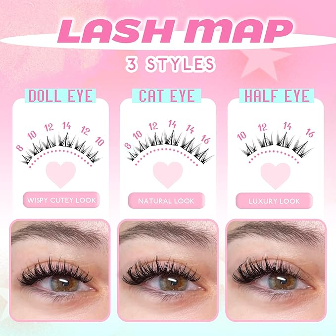 Lash Clusters Manga Lash Clusters Spiky Doll Anime DIY Eyelash Extensions Natrual Doe Eyed C Curl 8-16MM 120Pcs Individual Lashes with Black Cotton Band for Cosplay (Narcissus)
