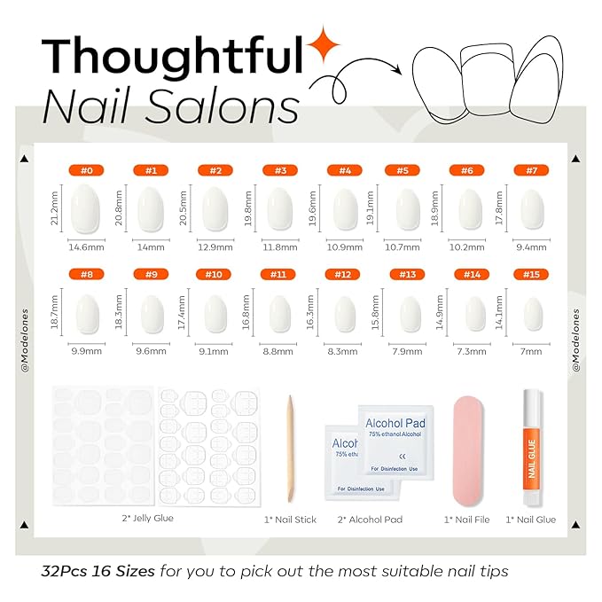modelones Short Press on Nails, Oval Fake Nails Kit Press Ons with Nail Glue, Adhesive Tabs, Nail File, Prep Pad, Manicure Stick, 32Pcs 16 Sizes, Milky White, Valentines