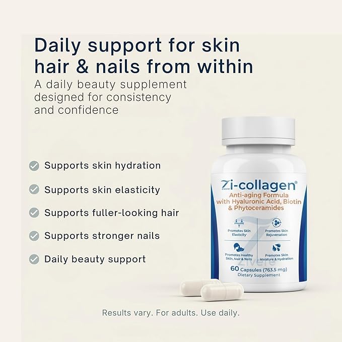 Zi-Collagen Marine Collagen Capsules for Skin, Hair & Nails - Advanced Beauty Formula with Phytoceramides, Hyaluronic Acid, Biotin & Vitamins A, C, D3 & E (60 Capsules)