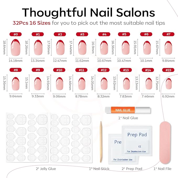 Modelones Red French Tip Press on Nails Short, Valentines Oval Fake Nails, Reusable Nail Kit with Nail Glue Adhesive Tabs Mini Nail File, Nails Press Ons 32Pcs 16Sizes, Women Girl Gift