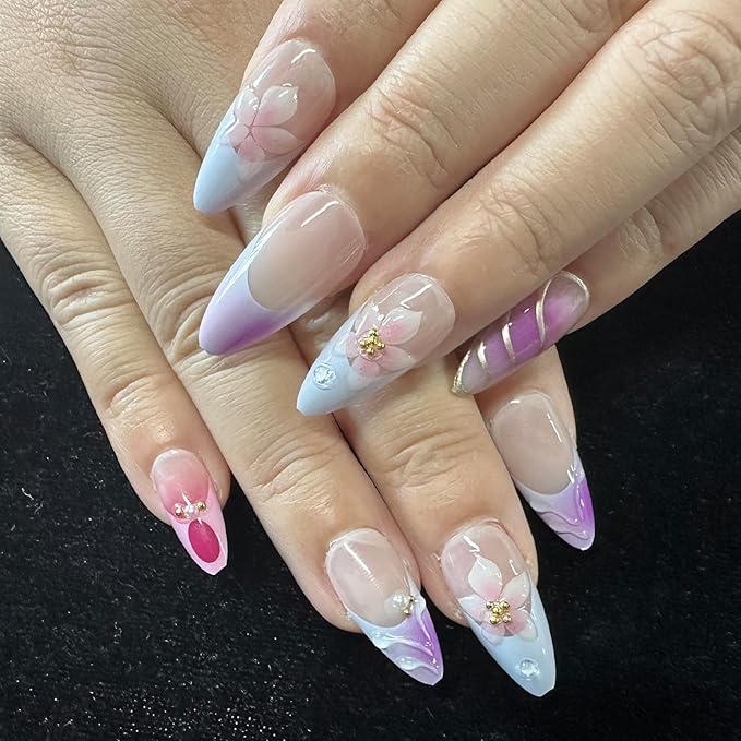 JONKASIPA 24 Pcs Press On Nails, Pink Acrylic Fake Nails French 3D Flower Pearls Decorative Nail Art for Women