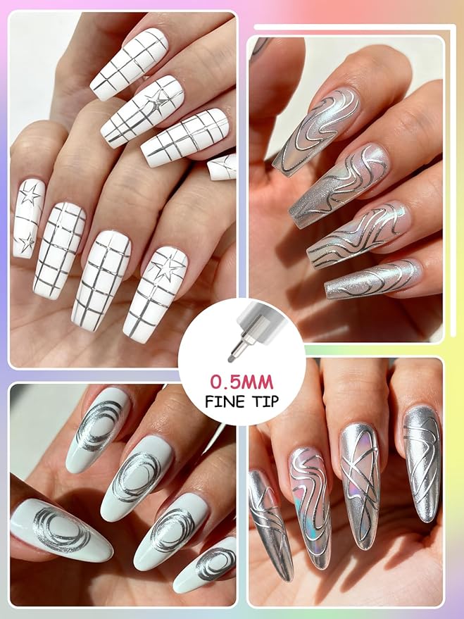 EBANKU 0.5MM Nail Art Pens Quick-Drying, 3D Nail Polish Pen Acrylic Markers Pens Painting Pen Nail Point Dotting Liner Pen Tools for DIY Home Salon Nail(1Pc Silver)