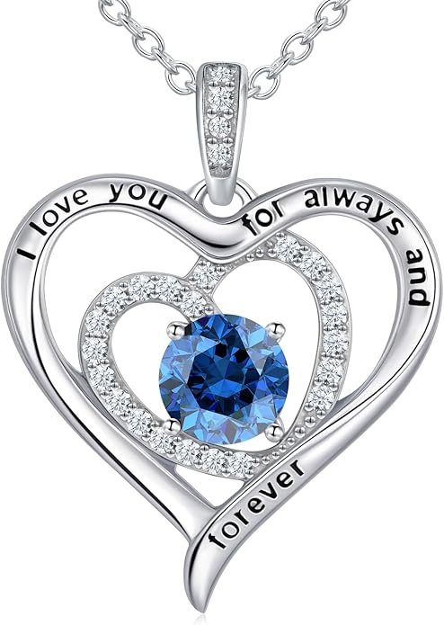 S925 Sterling Silver Necklace for Women, Valentines Day Gifts for Her, Love Heart Birthstone Necklaces for Women, Wife Jewelry, Mom Birthday Valentines Mothers Day Gifts, Girlfriend Necklaces, Daughter Heart Jewel, Anniversary for Her