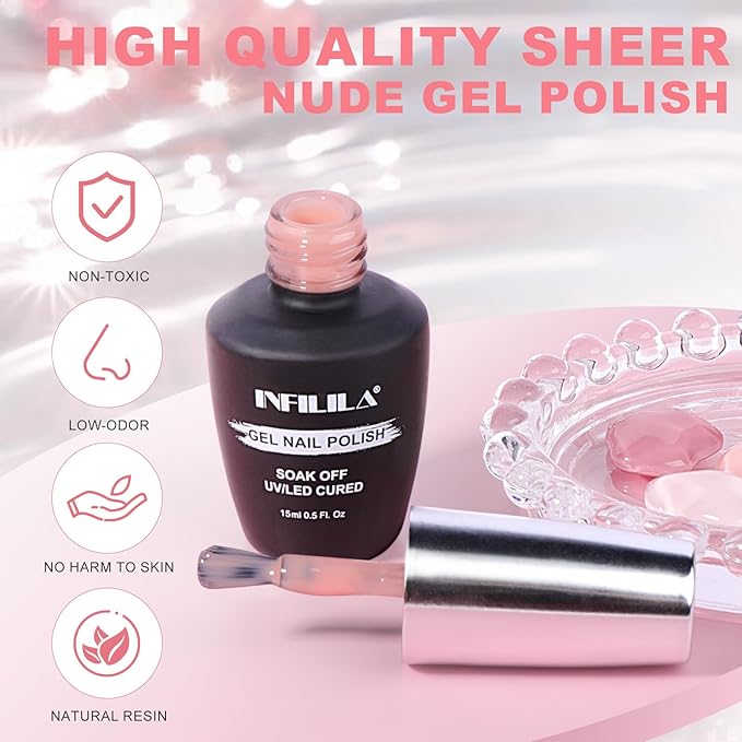 NXJ INFILILA Light Pink Gel Nail Polish, 15ml Baby Milky Pink Soak Off UV LED Gel Polish Long Lasting Shiny, Nude Jelly Sheer Translucent Color for Salon and Nail Art DIY at Home N10
