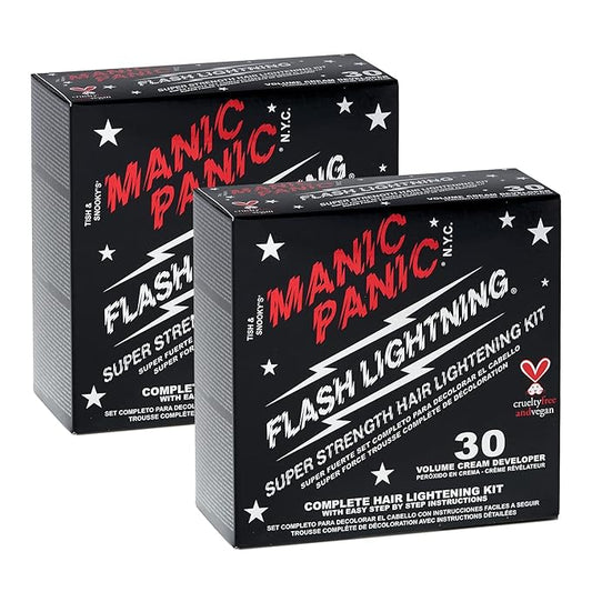 MANIC PANIC Flash Lightning Hair Bleach Kit - Bleach Powder + 30 Volume Developer - Hair Lightener for Dark Shades - Lifts Up to 5 Levels - Achieve Medium to Light Blonde - Vegan & Cruelty-Free (2 pk)