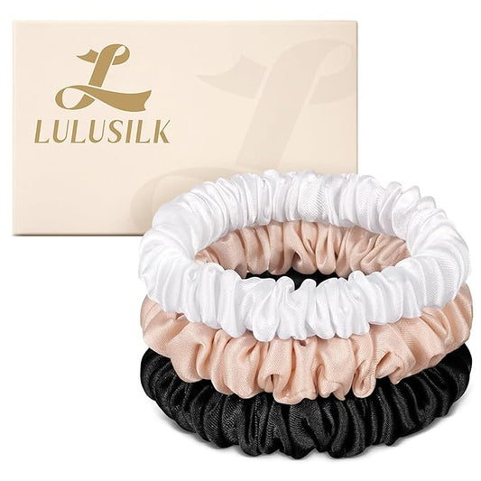LULUSILK Small Silk Hair Ties No Damage, 100% Real Mulberry Silk, Skinny Scrunchies Ponytail Holders for Thin Fine Hair, Black White and Lotus Pink, Pack of 3