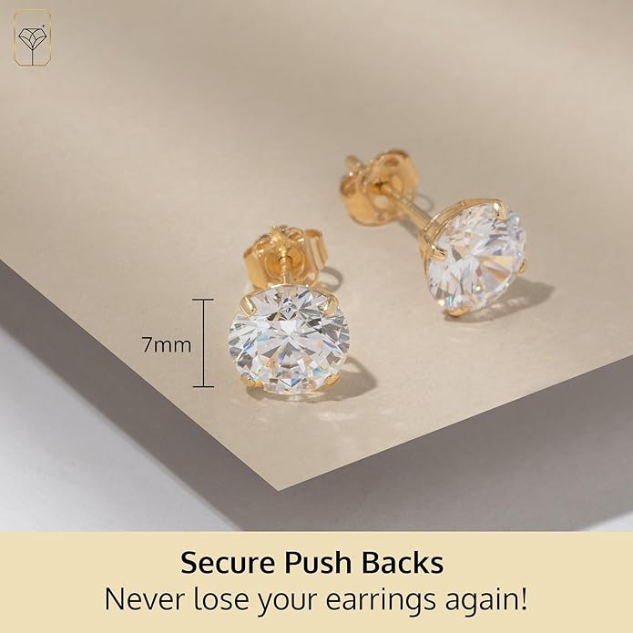 14k Gold Solitaire Round Cubic Zirconia Earrings Studs for Women & Men | Anti Tarnishing CZ Stud Earrings with 14k Gold Butterfly Pushbacks | 4MM-7.5MM by MAX + STONE