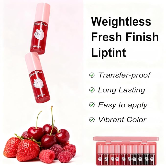 10 Colors Lip Stain Tint Set, Korean Lip Gloss for Women, Watery Mini Liquid Lipstick Long lasting, Lightweight, Multi-Use Lip and Cheek Tint, High Pigment, Vivid Color Lip Makeup