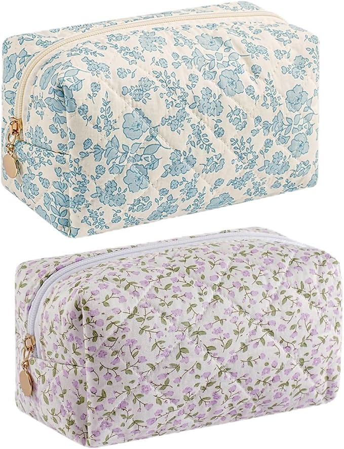 Cute Floral Makeup Bag Small Cotton Quilted Cosmetic Bag, Aesthetic Essential Bag Emergency Bag Gift for Women Girls Travel Accessories (Two Pack: (Blue Floral+Purple Flowers)