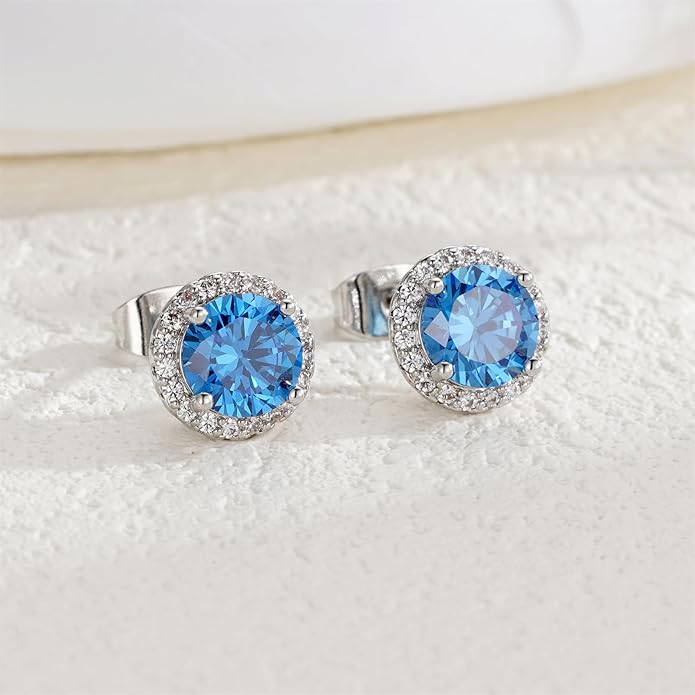 YOMELA Cubic Zirconia Earrings Studs, Halo CZ Birthstone Simulated Diamond Stud Earrings for Women