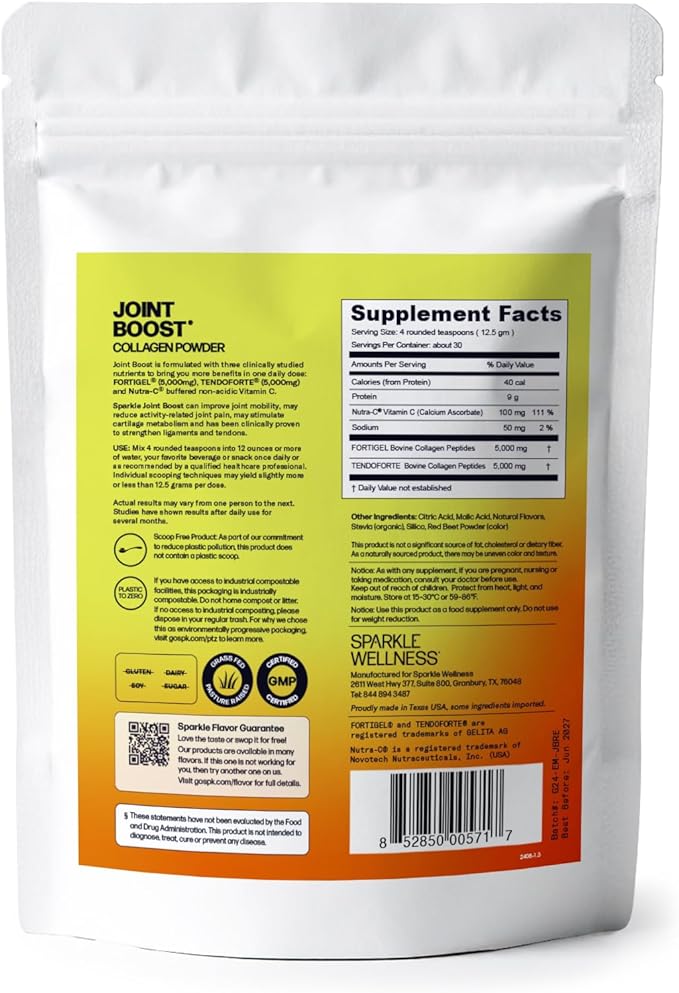 Sparkle Wellness FORTIGEL & TENDOFORTE Collagen Peptides | Collagen with Calcium Ascorbate Vitamin C to Support Joint Mobility, Tendon & Ligament Health | Joint Boost (Acai Lemonade) [30-Serves]