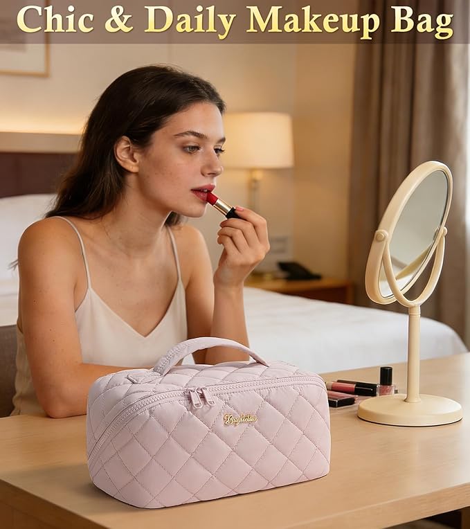 Travel Makeup Bag, 3 Pcs Large Capacity Puffy Toiletry Bag for Women, Open Flat Quilted Make up Cosmetic Organizer w/Handle & Clear Divider Water-resistant Portable Pouch Travel Essentials, L-Black