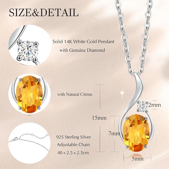 FANCIME 14K Solid White Gold Oval Gemstone Necklace with Diamond Pendant Gifts for Mom Women,16"+2" Inches
