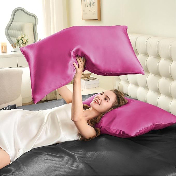INFIIXSO Silk Pillow Cases 2 Pack Standard Size, Ultra Smooth & Soft Mulberry Silk Pillow Case for Hair and Skin, Breathable Cooling Silk Pillowcase with Hidden Zipper (Hot Pink, 20x26 Inches)