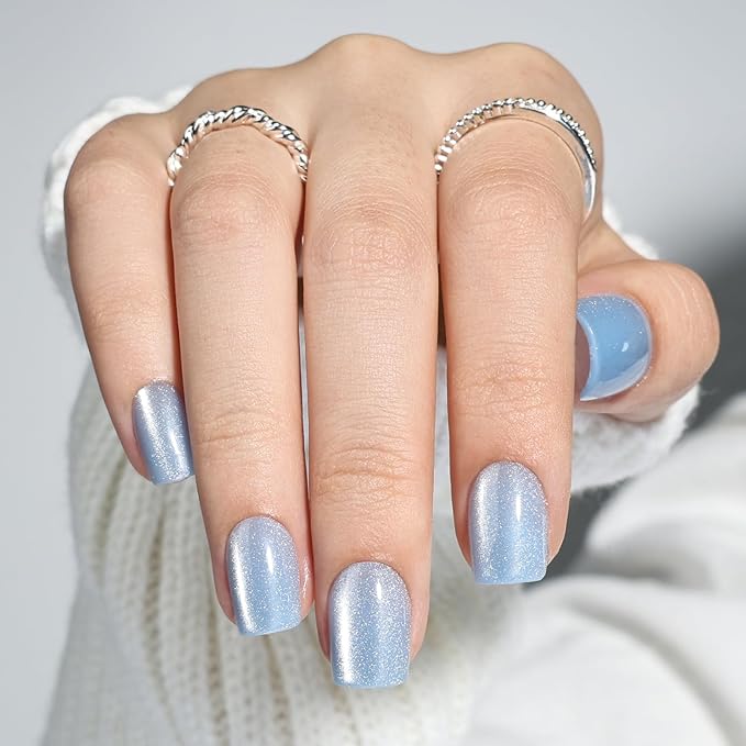 Leefrei Press On Nails, Short Square Blue Press on Nails Arctic Glazed Nails Press Ons for Women DIY Fake Nails Kit with Glue, Glossy Reusable Glue on Nails Short in 15 Sizes - 30pcs, Arctic Glaze