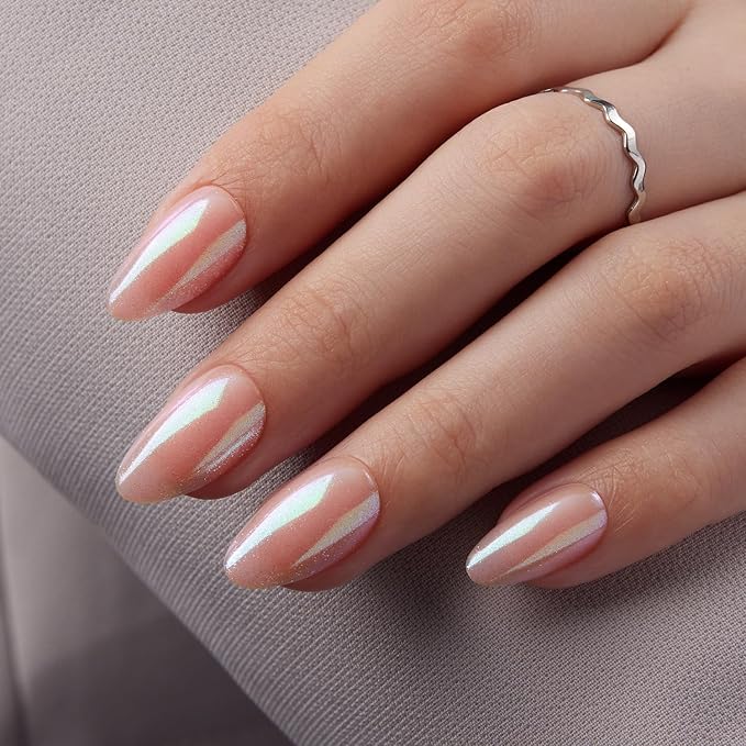 VSALON Press On Nails Short Almond, Nude Pink Pearl Chrome Shimmer Fake Nails With UV Glue, Reusable Stick On Nails Acrylic Neutral Glazed Donut Fall Gift Glue On Nails in 16 Sizes - 32 Nails Kit