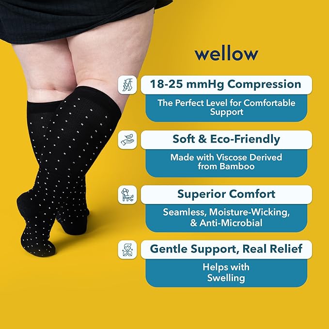 Wellow Wide Calf Compression Socks, Knee High Support, Fit for Men & Women, 18-25 mmHg, Made with Viscose from Bamboo