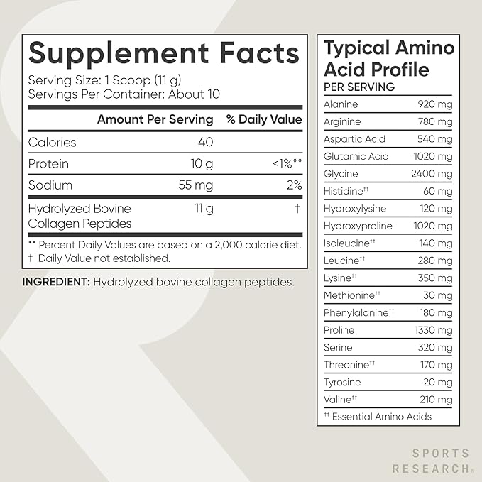 Sports Research Collagen Peptides - Hydrolyzed Type 1 & 3 Collagen Powder Protein Supplement for Healthy Skin, Nails, & Joints - Easy Mixing Vital Nutrients & Proteins, Collagen for Women & Men