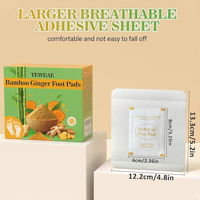 TEWEAE 32 Pads Foot Pads Natural Turmeric & Ginger, Wormwood, Bamboo Vinegar, Included 32Pads Goodnight Patches and 32 Adhesive Sheets