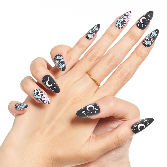 GLAMERMAID Black Press on Nail Medium Almond, Emo Jelly Gel Fake Nail, Gloss Natural Glue on Nail Short Oval with Gothic Eye Desgin, Reusable Acrylic Stiletto Stick on False Nail Kit for Women