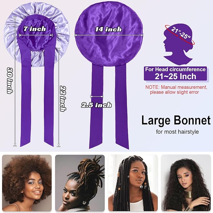Double Layered Silk Satin Bonnet with Tie for Sleeping Black Women, Wide Band Large Hair Wrap Sleep Cap for Curly Hair Braid