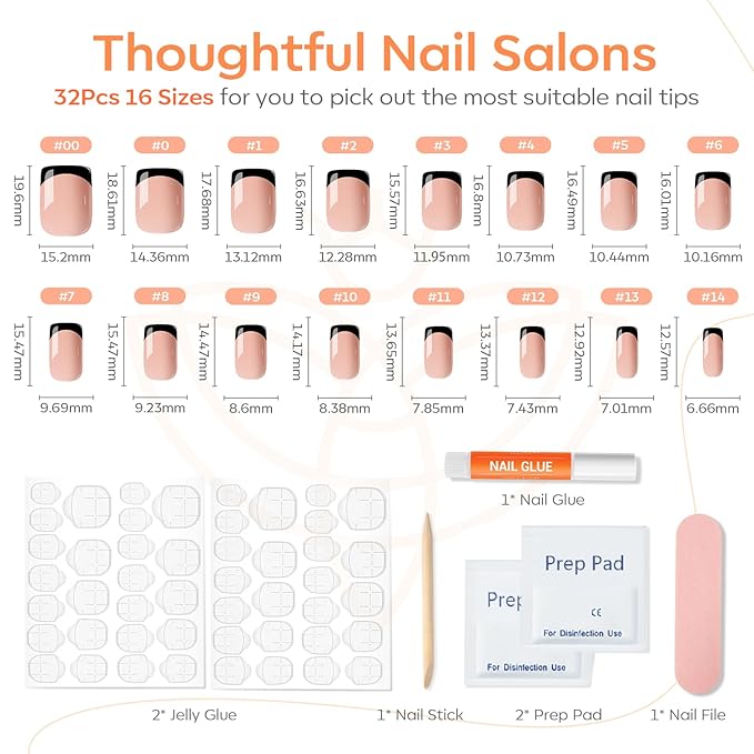 Modelones Black French Tip Press on Nails Short, Square Fake Nails, Reusable Nail Kit with Nail Glue Adhesive Tabs Mini Nail File, Nails Press Ons 32Pcs 16Sizes, Women Girl Gift