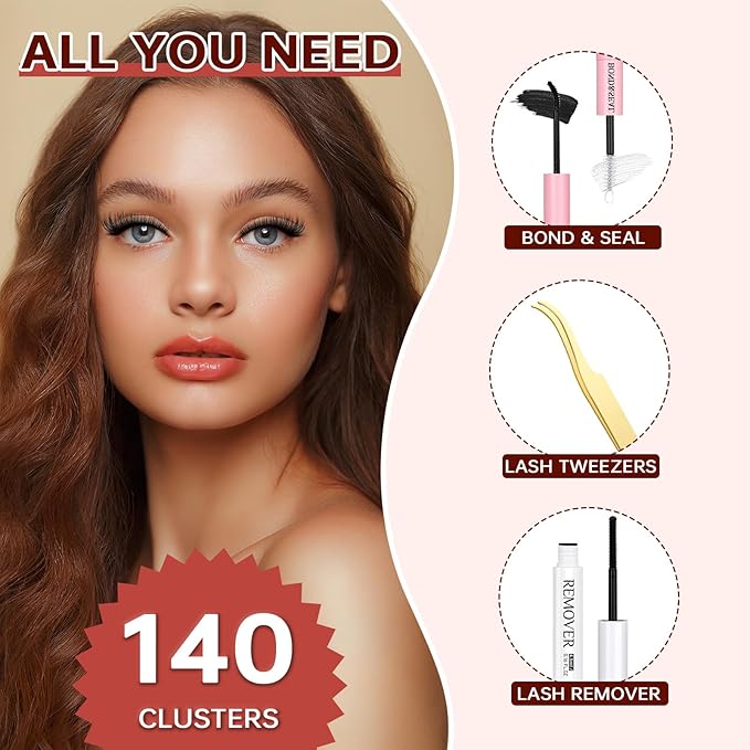 JOLIETIFY DIY Lash Extension Kit, Medium Dense Volume, Faux Mink 8-16mm Cluster Lashes, Soft & Fluffy, Waterproof Bond & Seal, Reusable Individual Lashes with Tweezers & Remover, Easy for Beginners