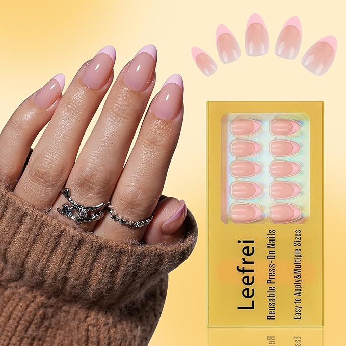Leefrei French Tip Press on Nails - Pink Short Almond Press on Nail, Glossy Fake Nails Reusable Nails Press ons for Women, 32 Pieces in 16 Sizes False Nails Kit with Glue, Petal Line