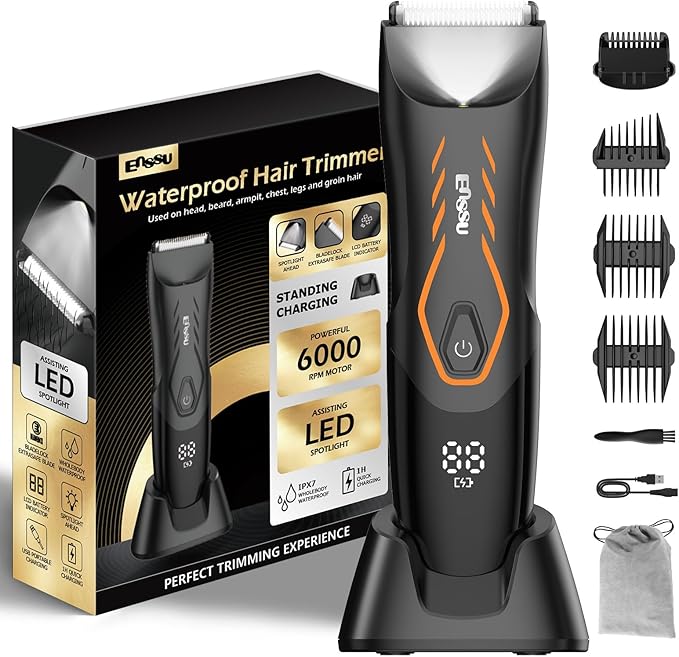 ENSSU Manscape Body Hair Trimmer for Men, Pubic Groin Hair Trimmer for Men with Safe Blade,Cordless Ball Shaver w/Light, Charging Dock,Waterproof Body Groomer Man,LED Display,1H Charge,Orange