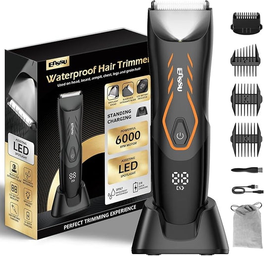 ENSSU Manscape Body Hair Trimmer for Men, Pubic Groin Hair Trimmer for Men with Safe Blade,Cordless Ball Shaver w/Light, Charging Dock,Waterproof Body Groomer Man,LED Display,1H Charge,Orange