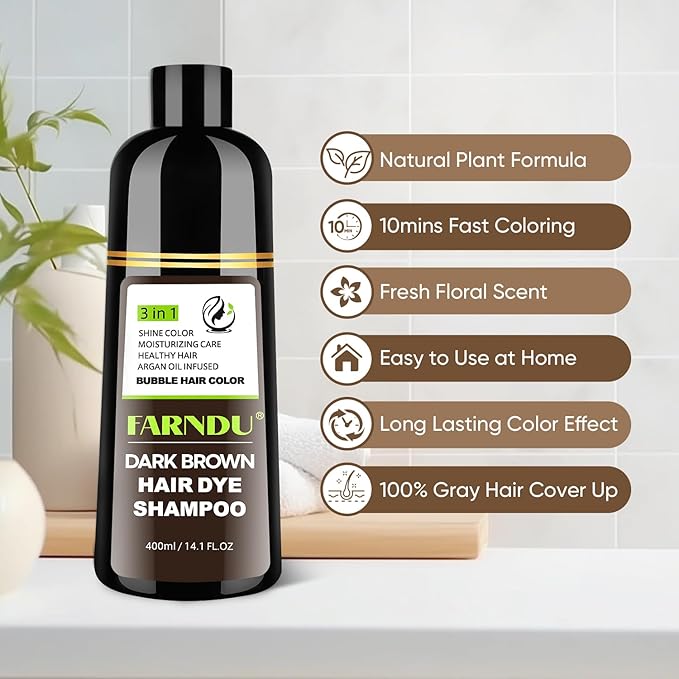 Farndu Dark Brown Hair Dye Shampoo for Women Men, 3 in 1 Hair Color Shampoo Dye for Grey Hair Coverage Champu Para Canas Mujer