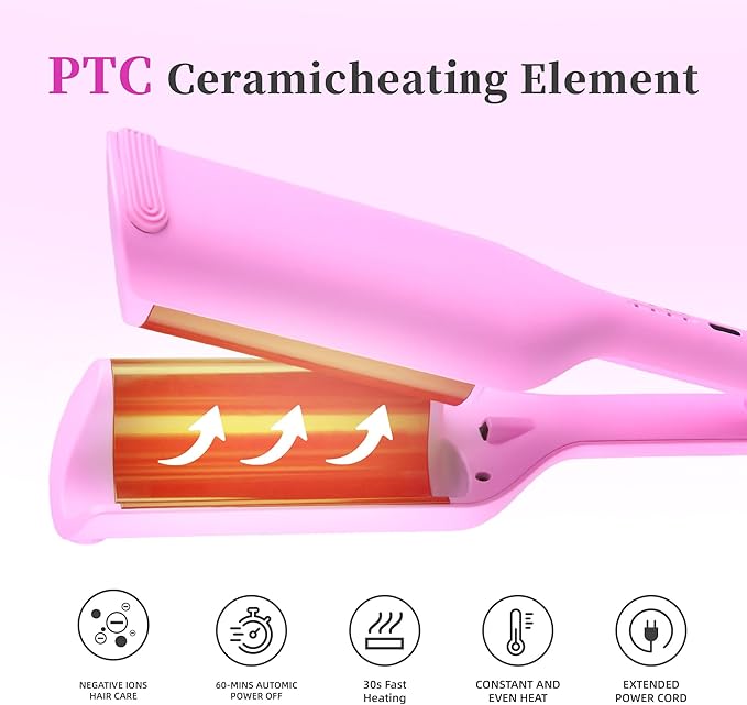 NONK Power Curling Iron Hair Crimper Waver, Ceramic Double Barrel Curling Wand, 1.25 Inch, Dual Voltage, Anti-Scald, Easy to Use, hot Tools Curling Iron for Women, bio Ionic, Pink, Gifts for Women