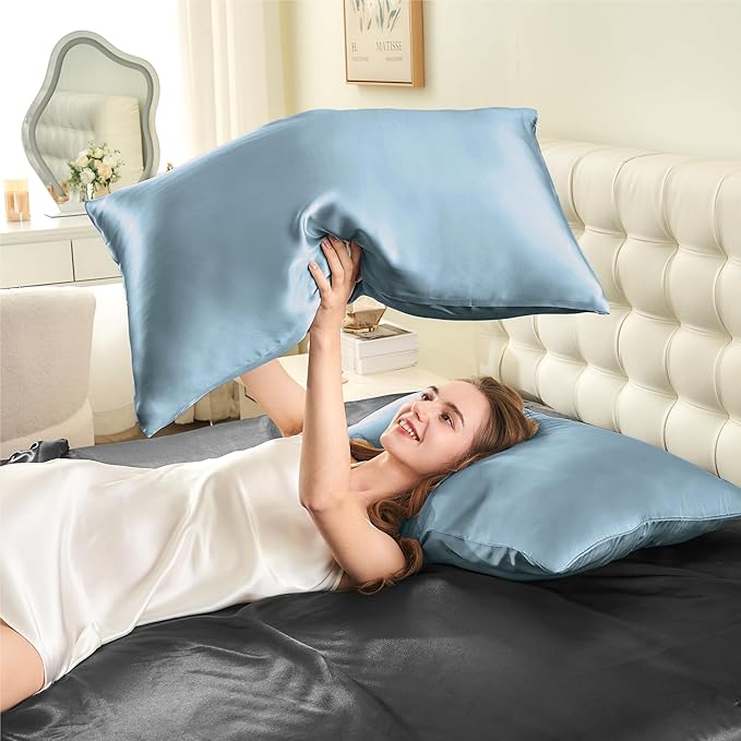 INFIIXSO Mulberry Silk Pillow Case for Hair and Skin, Silk Satin Pillowcase Standard Size with Hidden Zipper 20"x26", Extraordinary Smooth and Soft Cooling Pillow Cases for Hot Sleepers, Airy Blue