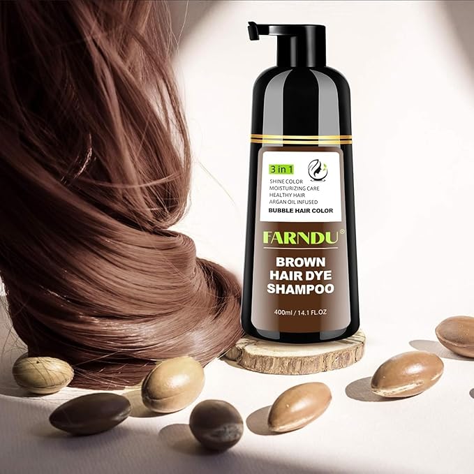 Farndu Brown Hair Dye Shampoo, 3 in 1 Instant Hair Color with 15 Min Gray Coverage, Natural Semi-Permanent Herbal Shampoo for Men & Women