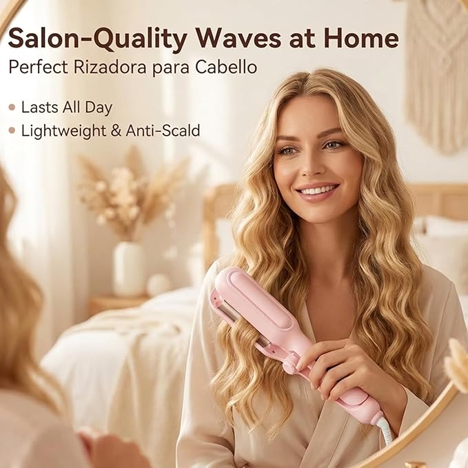 Hair Crimper for Women - Curling Iron Waver Hair Tool to Adjustable Groove - Rizadora para Cabello - Anti-Scald Tech Hair Waver - Ionic Ceramic Coating for Long-Lasting,Fast Heating,Pink, 1/1.25 Inch