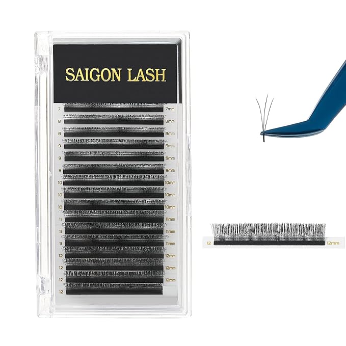 SAIGON LASH 3D Wispy Eyelash Extensions, Premade Fan Lashes, 0.07 B C CC D DD Curl, 7–15mm Mixed Length, Black Volume Individual Lashes for Professionals (B-0.07-7 - 12mm)