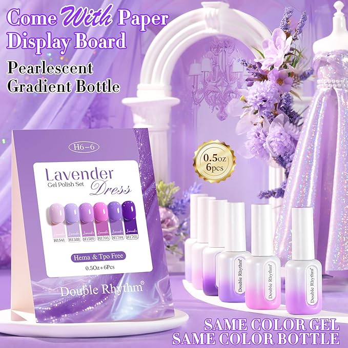 Double Rhythm 6 Pcs Hema Free Gel Polish Set 0.50 OZ Same Color Same Bottle Soak Off Neutral Natural Milky Gel Polish Kit Nail Art Salon DIY at Home (Lilac Violet Pink Purple-H6-6)