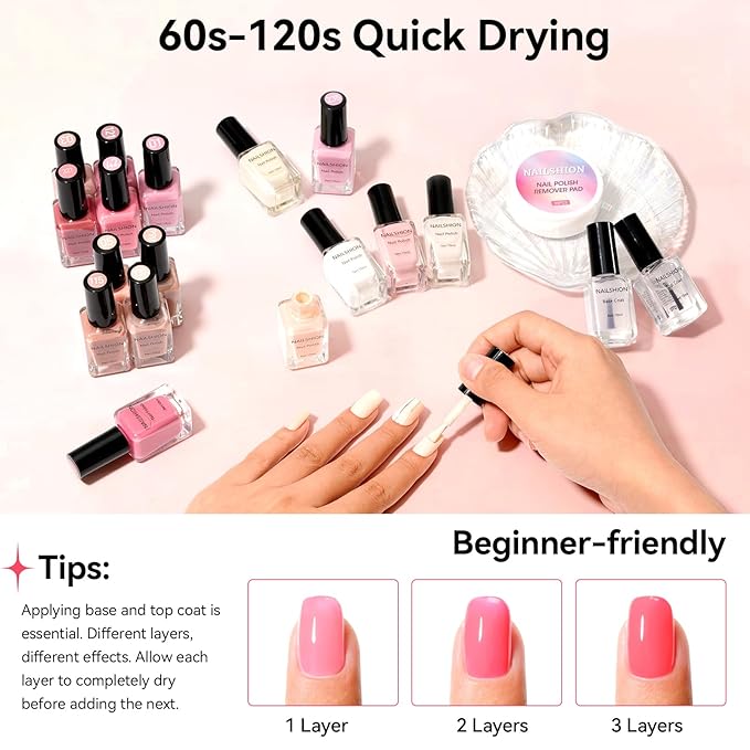 Nailshion Nail Polish Set with Base-Top Coat 16 Colors Nude Pink Beige Rose Neutral Collection Skin Tones Milky Fingernail Polish with Remover Pads, Nail Art Manicure Salon DIY at Home for Women