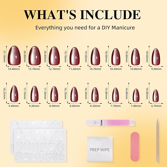 Leefrei Cat Eye Press On Nails - Glazed Ruby Red Press On Nails Short Almond Nails Press Ons for Women Fake Nails with Glue, Glossy Reusable Glue on Nail in 16 Sizes - 32pcs, Ruby Moon