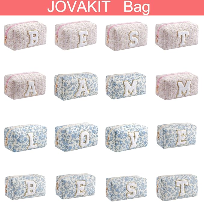 JOVAKIT Alphabet Makeup Bag Cosmetic Bag for Women, Christmas Gifts for Girls Age 6-18, Floral Flowers Coquette Travel Toiletry Zipper Make Up Pouch Organizer Trendy Stuff (Pink Floral N)