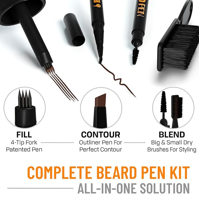 FOLLICLE BOOSTER Beard Pen Filler Styling Kit for Men - 3-in-1 Filling Set with 4-Tip Fork, Normal Pencil, and Brush - Waterproof, Sweatproof & All-Day Hold - Light Brown